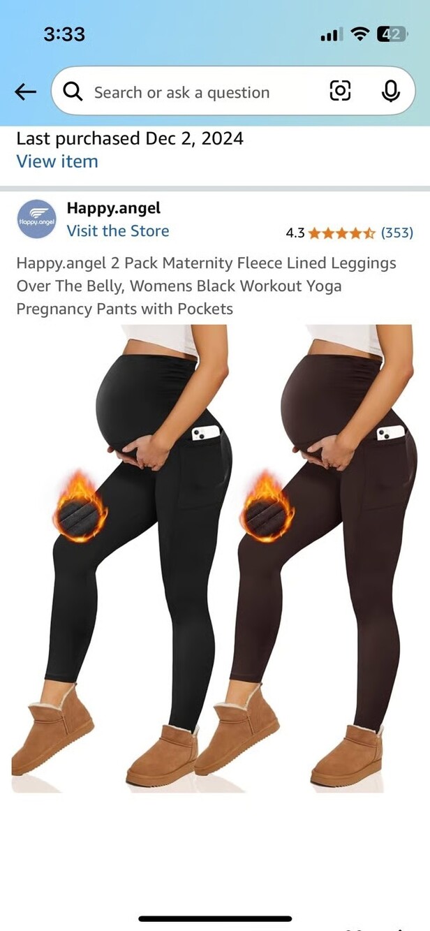 2 Pairs Over The Belly Maternity Pants Fleece Lined Leggings w Pockets Size XL